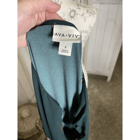 Ava & Viv Women's Dress Size X Hunter Green Floral Boho Cinch Waist Keyhole - Picture 4 of 6